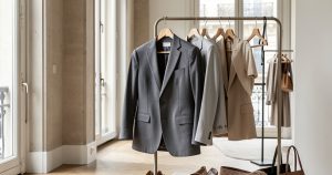 Garde-robe capsule féminine élégante et moderne avec des vêtements bien coupés sur cintres