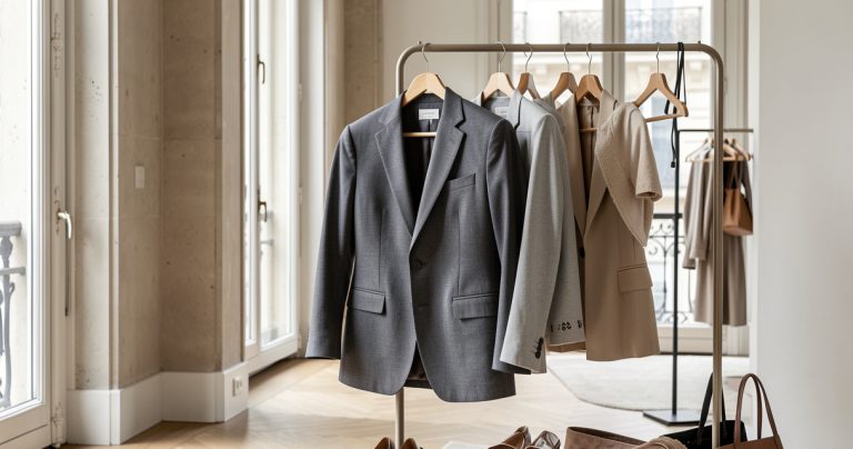 Garde-robe capsule féminine élégante et moderne avec des vêtements bien coupés sur cintres